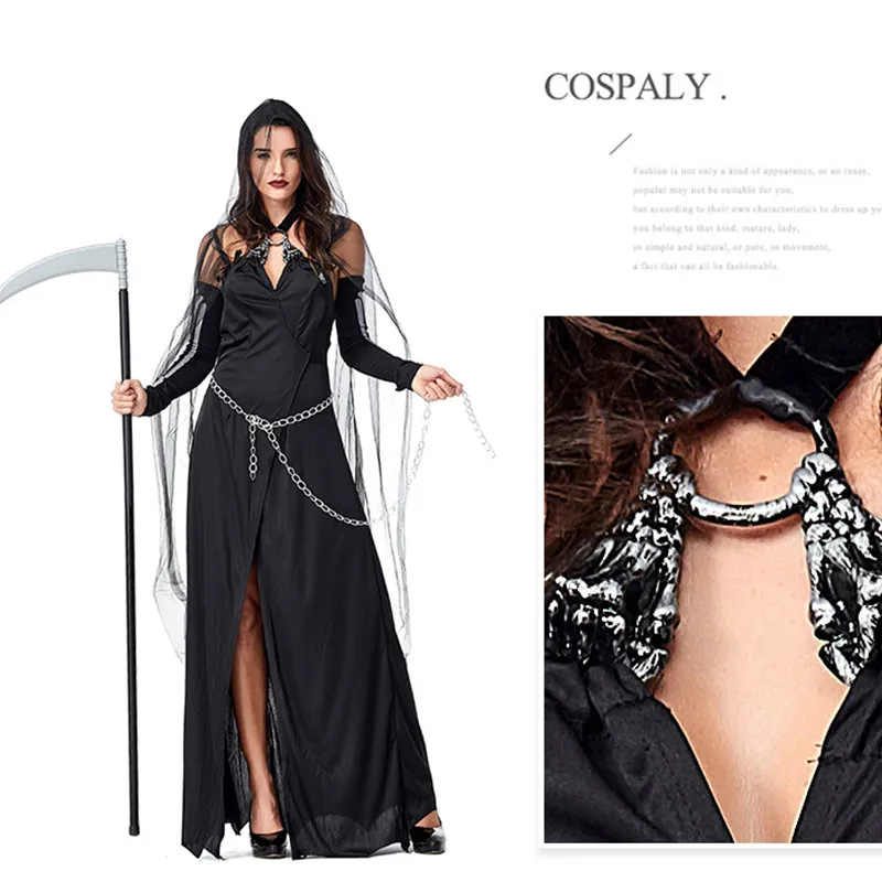 Черный готический Мрачный Жнец женская Ведьма Косплей Женский Хэллоуин колдун