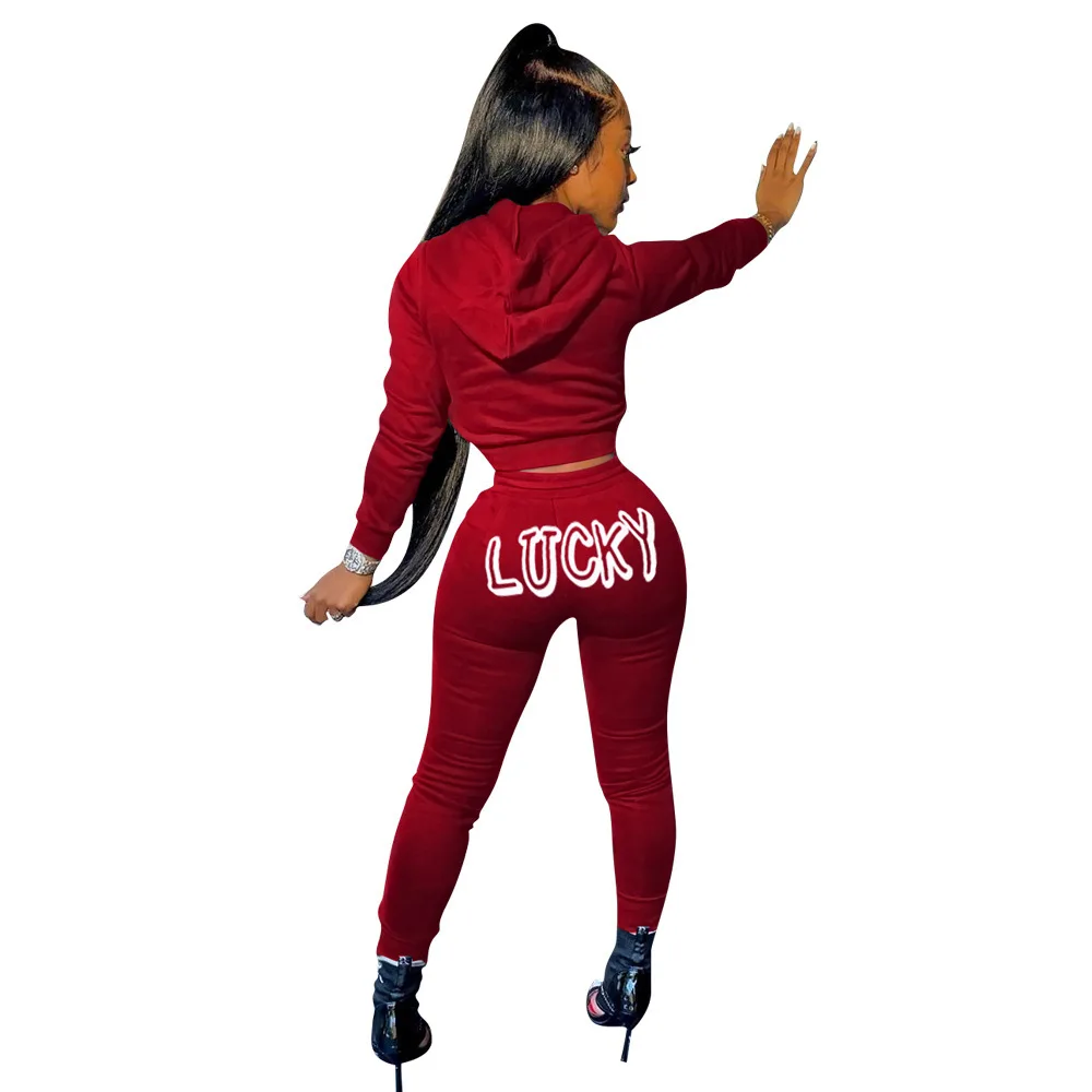 

Drawstring Lucky Letter Print 2 Piece Outfits Autumn Winter Clothes Long Sleeve Hooded Bandage Crop Top and Slim Sweatpant Suit