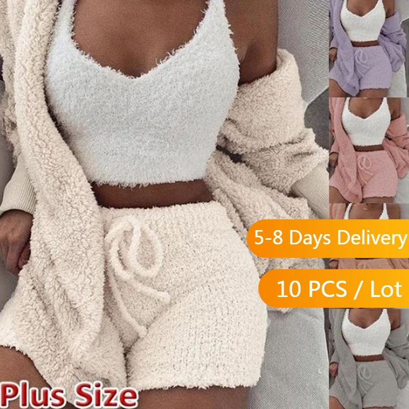 

Bulk Items Wholesale Lots Winter Three Piece Set for Women Hoodie Coat Crop Top Shorts Set Lounge Wear Thick Warm 3 Piece Set
