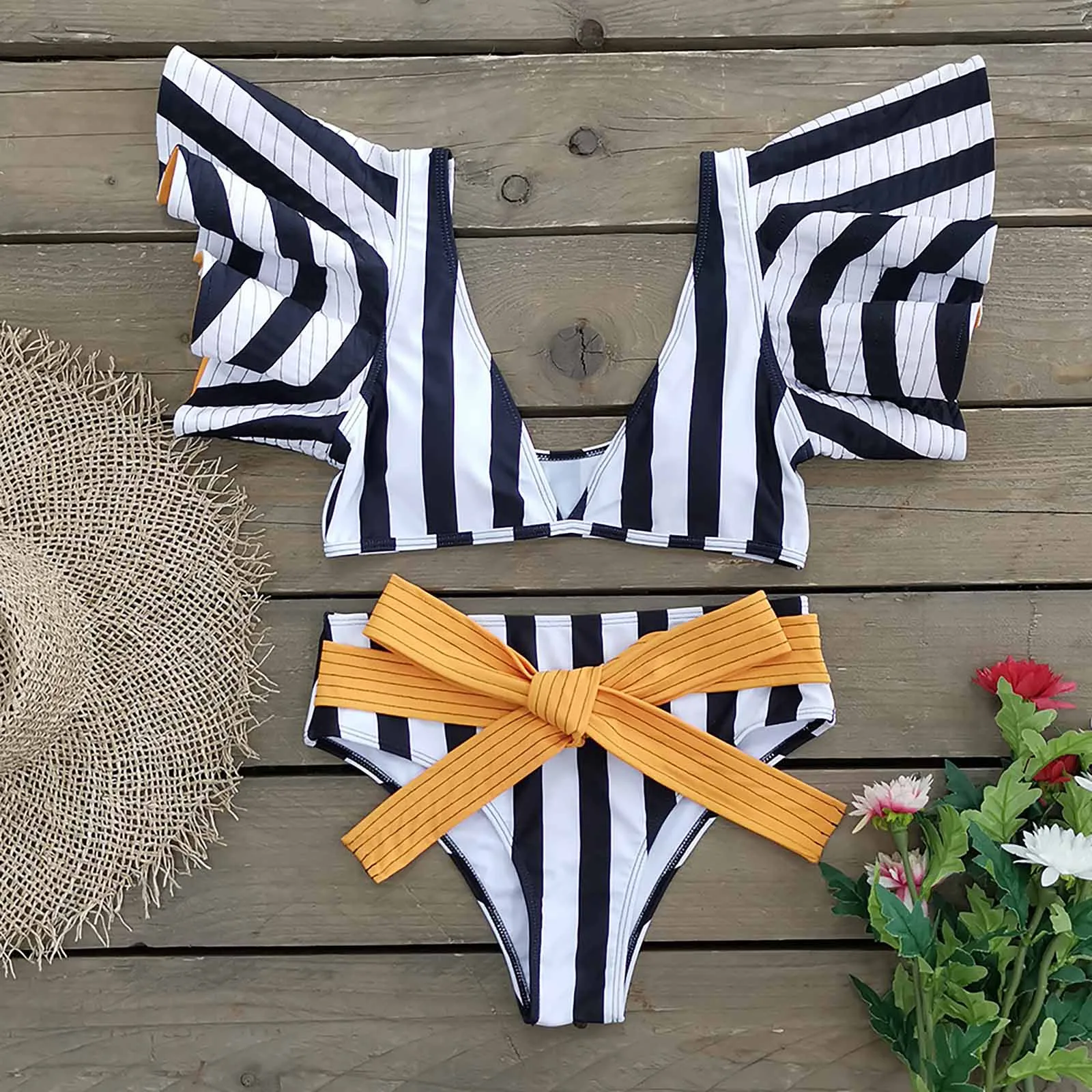 Модное бикини с оборками пикантная кофта принтом растений купальник из двух