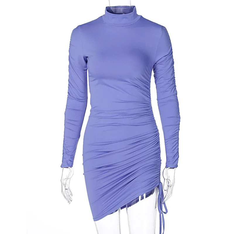 

Long Sleeve High Neck Ruched Bandage Pleated Sexy Mini Dress Autumn Winter Women Fashion Streetwear Dresses Outfits Party Wear