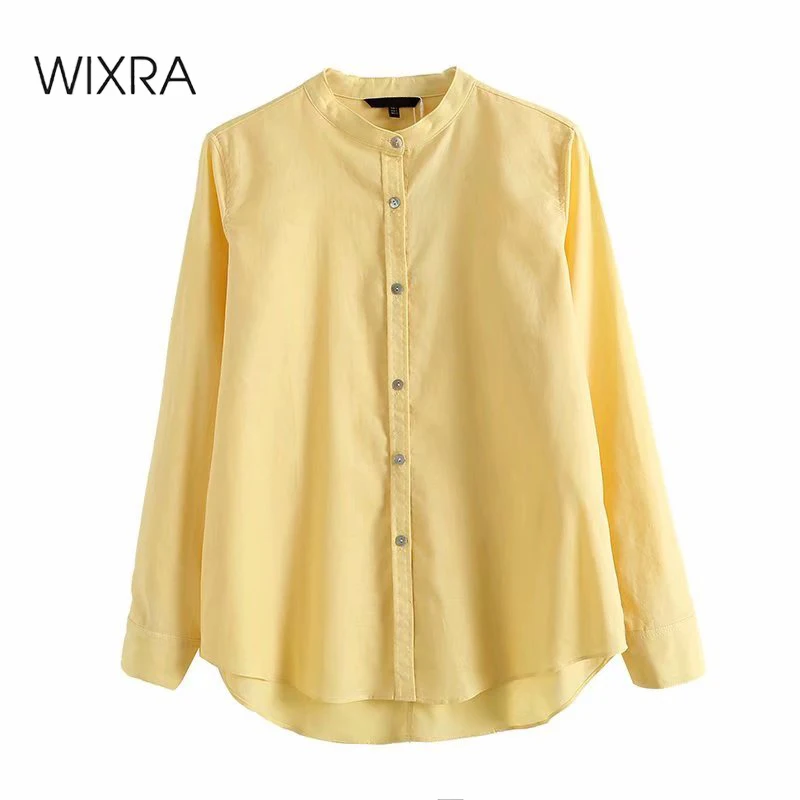 

Wixra Women Stand Collar Blouses Single-Breasted Female Yellow Shirts Classic Trendy Top Spring Summer