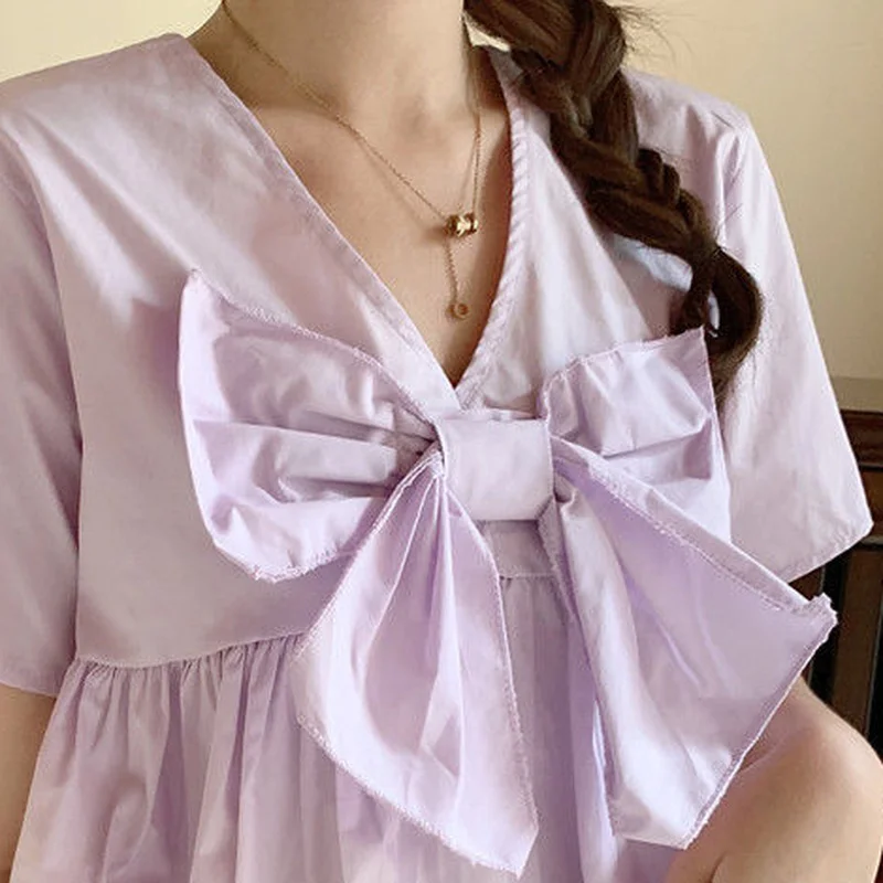 

Blouses Women V-Neck Short Sleeve College Cropped Stylish Bow Clothes Ins Solid Summer Casual Tops All-match Mujer Simple Lovely