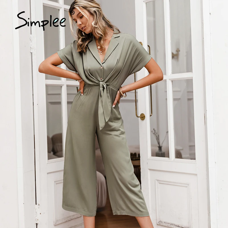 Simplee однотонный комбинезон с высокой талией коротким рукавом и v образным вырезом