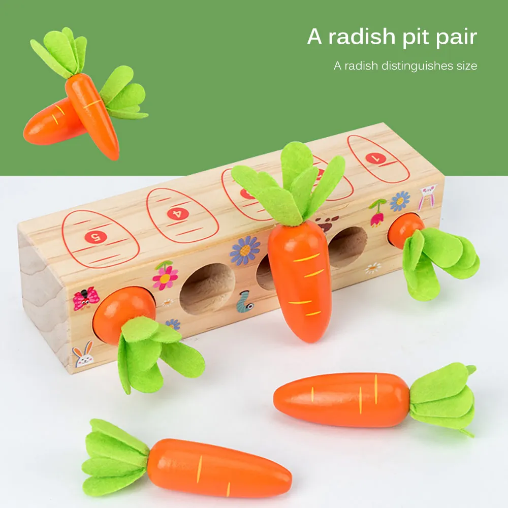 

Montessori Toy Wooden Block Set Pulling Carrot Ability Shape Matching Size Cognition Interactive Educational Toy For Kids Gift