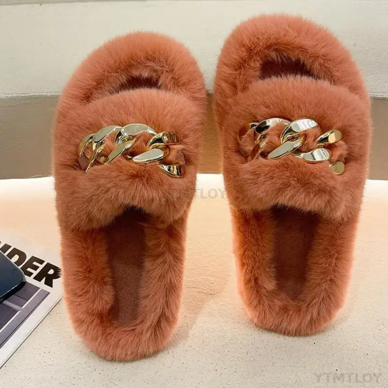 

Faux Sandals Furry Fur Slippers Fluffy Flip Flops Diamond Chain Real Slides For Women Ladies House Beach Flat Shoes Ytmtloy