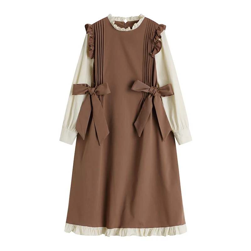 

Женское платье с имитацией двух частей, коричневое платье с бантом в студенческом стиле, весна-осень, Женская юбка средней длины с длинным р...