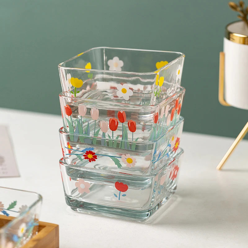 

250ml Square Flower Glass Dessert Bowl Kitchen Party Sauce Dish Candy Bowl Soy Sauce Vinegar Dip Dish