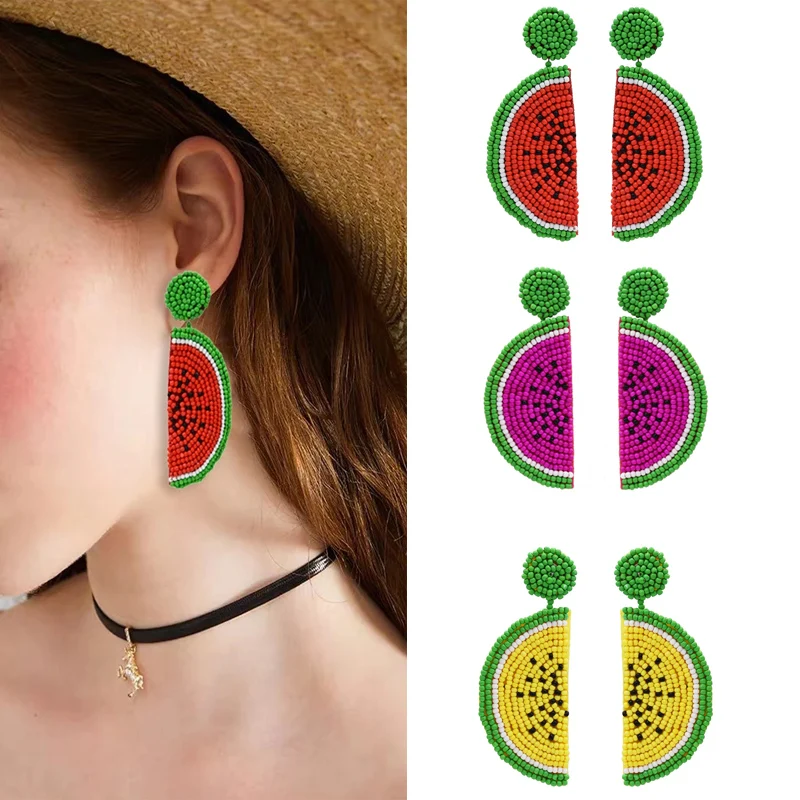 

Cute Fruit Watermelon Drop Earrings For Women Bohemian Handmade pendientes Gifts Summer Rice Beads Earrings Party Jewelry