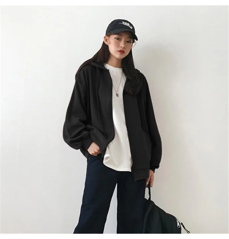 

Zip-up Women Korean Style Hoodies Vintage Solid Color Long Sleeve Oversized Hooded Sweatshirt Casual Fall 2020 Women Clothes