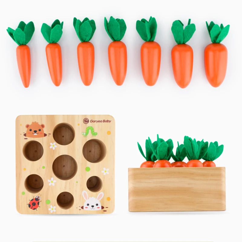 

Montessori toy set wooden toys baby pull carrot shape matching size cognitive puzzle children wooden baby toys