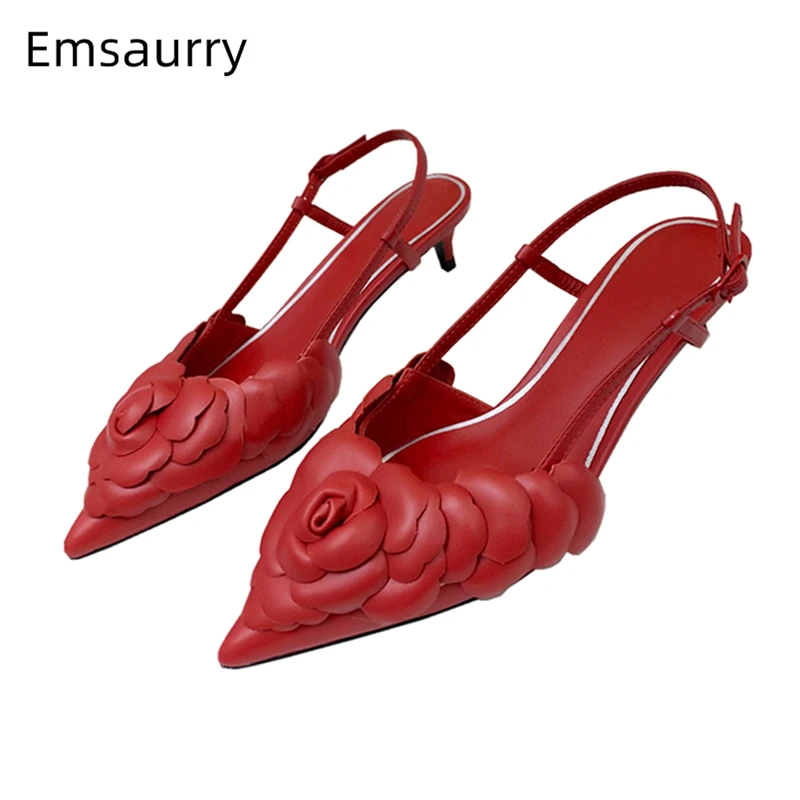 Genuine Leather Flower Point Toe Sandals Women Sexy Kitten Heel Back Strap Fretwork Summer 2022 Sandalias Mujer