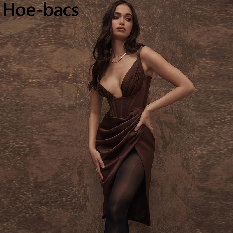 

Women Elegant Satin Party Dress With Corset Sexy V-Neck Sleeveles Slit Midi Tight Dresses For Female Cocktail Evening Vestidos