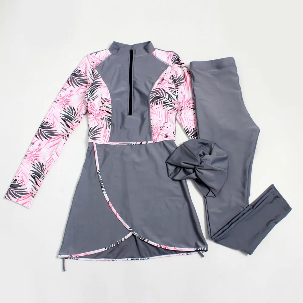 

2021 Muslim three piece swimsuit printed with breast pad conservative swimsuit