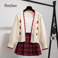 korean sweet 3 pieces set for women kawaii cherry embroidery knitted sweater cardiganvestplaid pleated skirts suits student