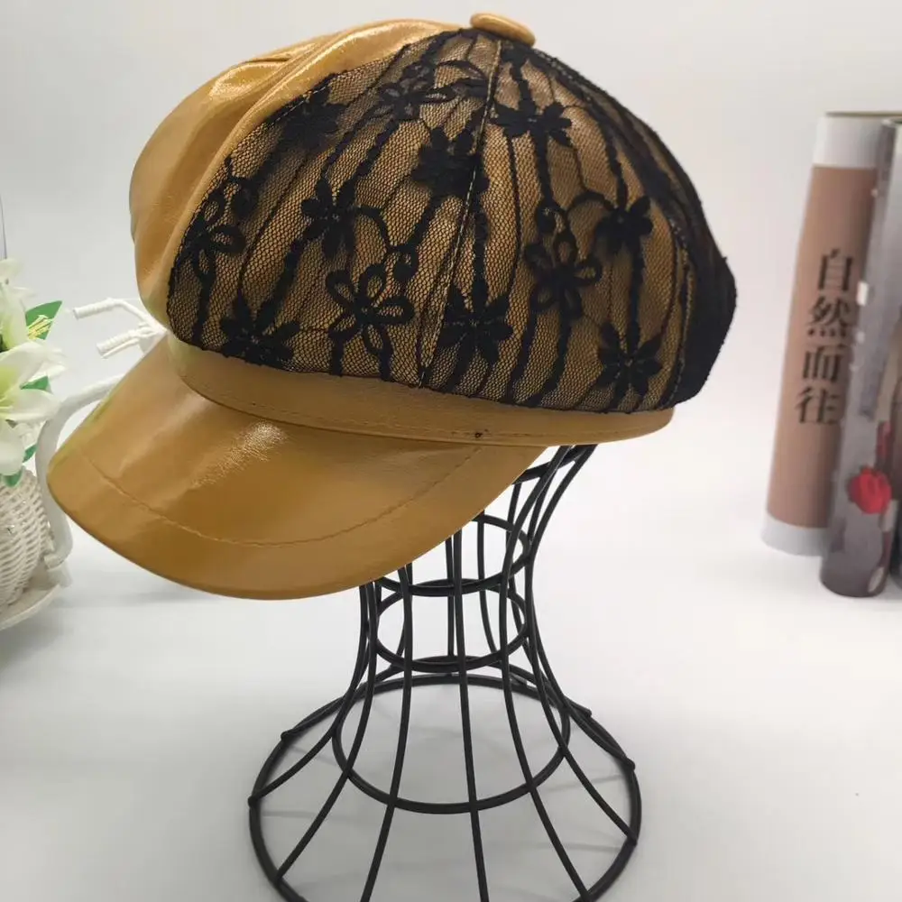 

Beret Caps Women Casual boina PU Leather Lace Patchwork Octagonal Hat Fashion Korean Newsboy Cap Spring Fall Artist Hats