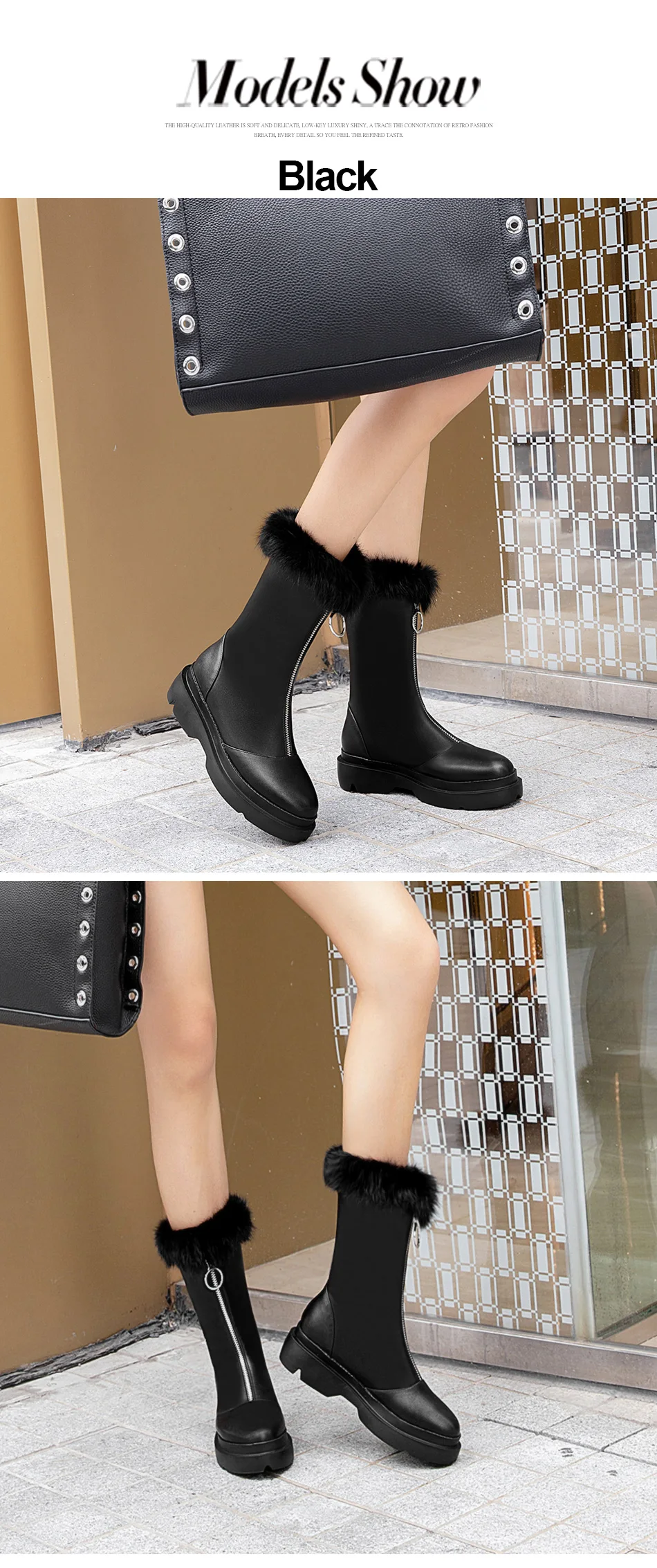 Gdgydh Long Plush Inside Leather PU Snow Boots Plush Boots Women Warm Natural Fur Winter Boots Female With Zipper High Quality