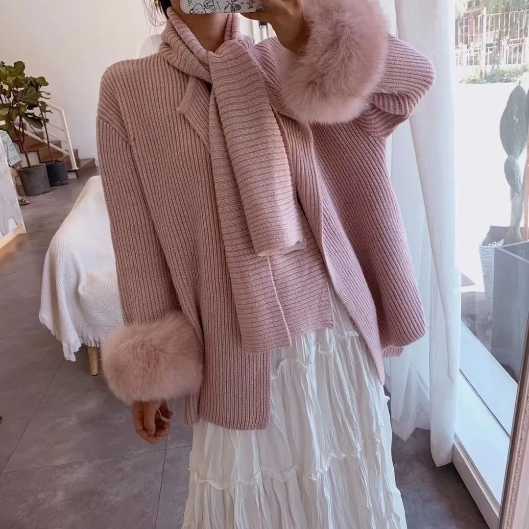 Женский шерстяной вязаный кардиган свитер с манжетами из натурального Лисьего