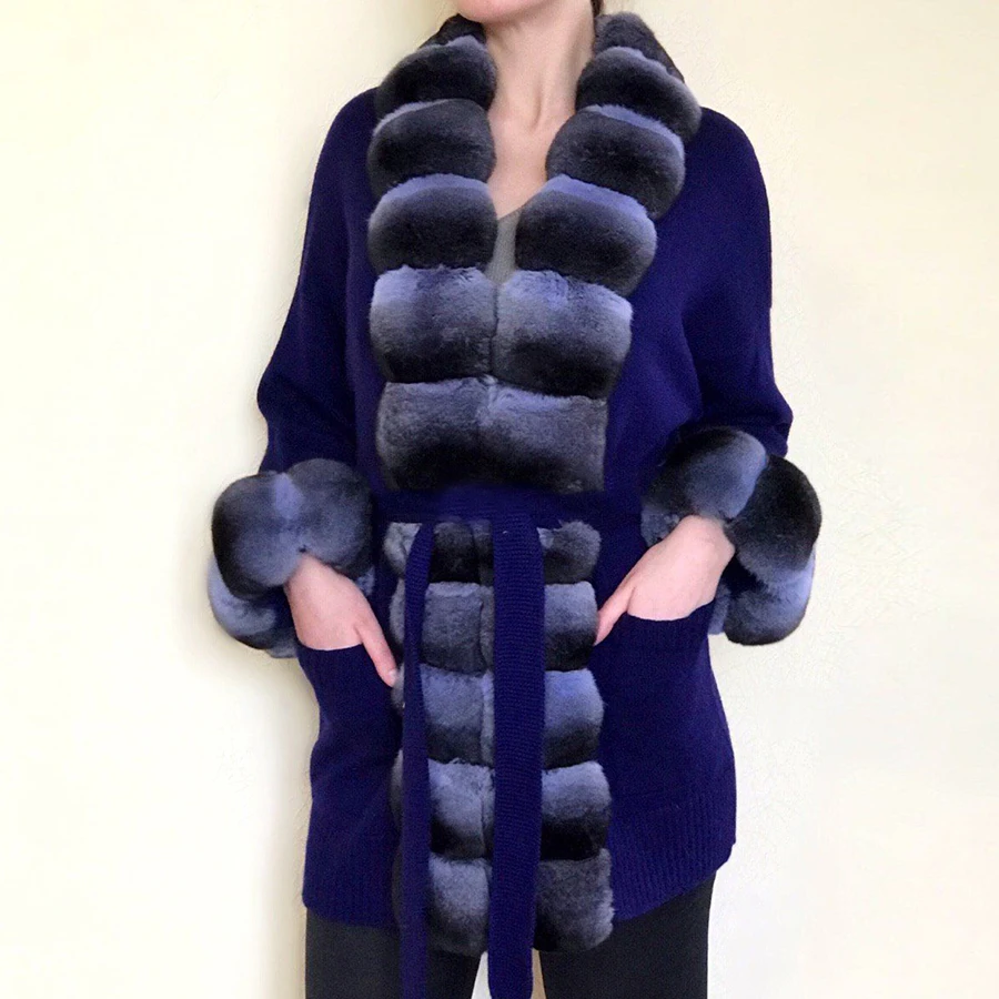 

Женский кардиган-свитер средней длины с меховой отделкой