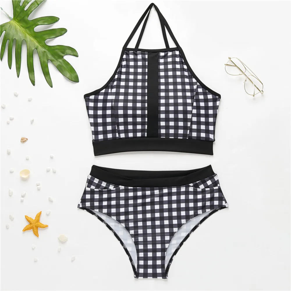 Сексуальное бикини с высокой талией и цветочным принтом купальник лямкой на шее