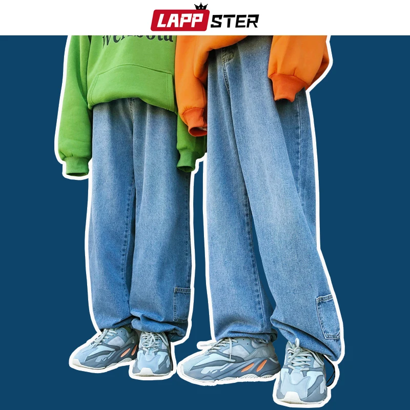 LAPPSTER мужские корейские модные джинсы с высокой талией пара винтажные прямые шаровары Harajuku синие уличные джинсовые штаны