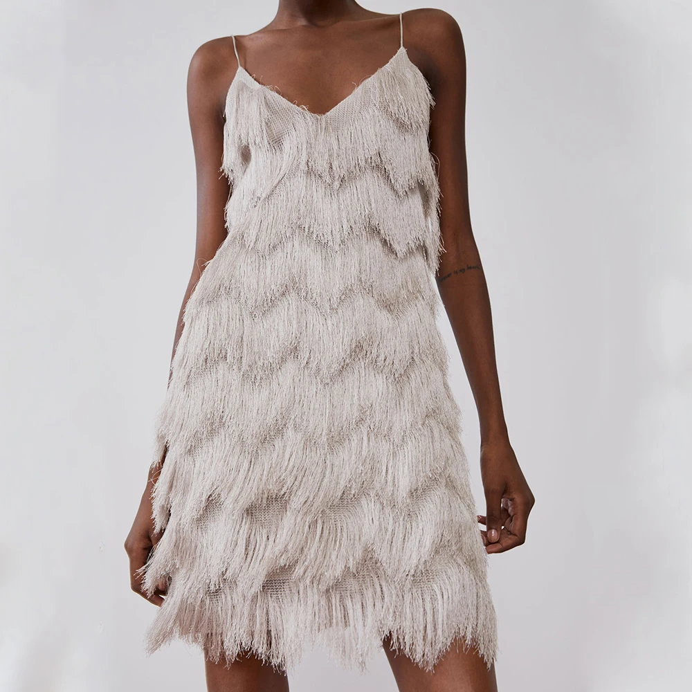 2019 осеннее женское платье с кисточками на подтяжках белое темпераментное