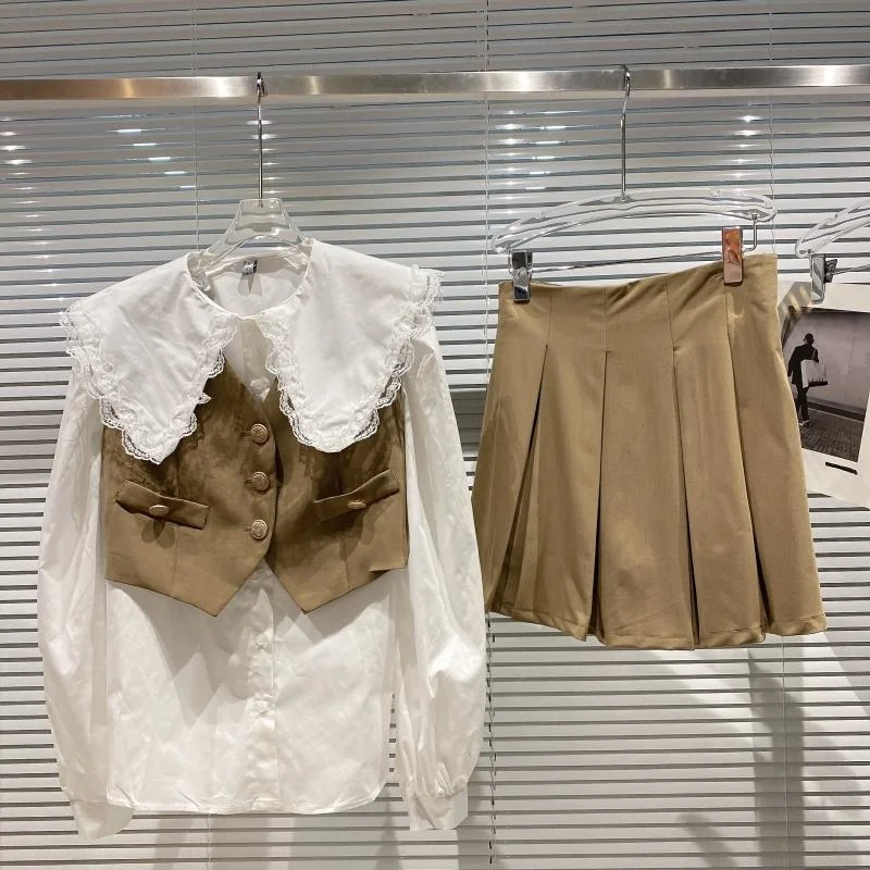 

Lace Lapel Shirt + V-neck Vest + Skirt Three Piece Set Women 2021 Autumn New Style Small Fragrance Outfit