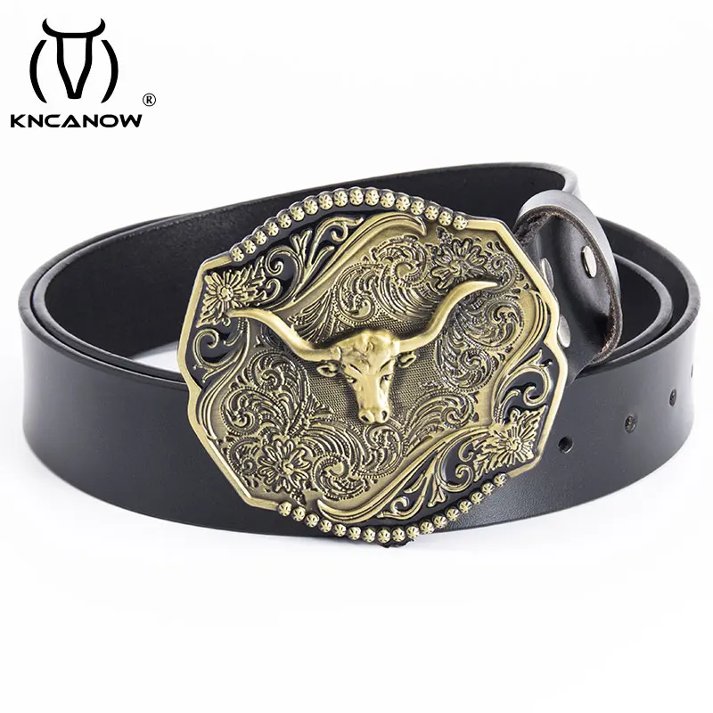 Men's Punk Style Genuine Leather Belts Cowboy Big Bull Cattle Ox Thick And Heavy Buckle Male Jeans Accessories With Long Belt