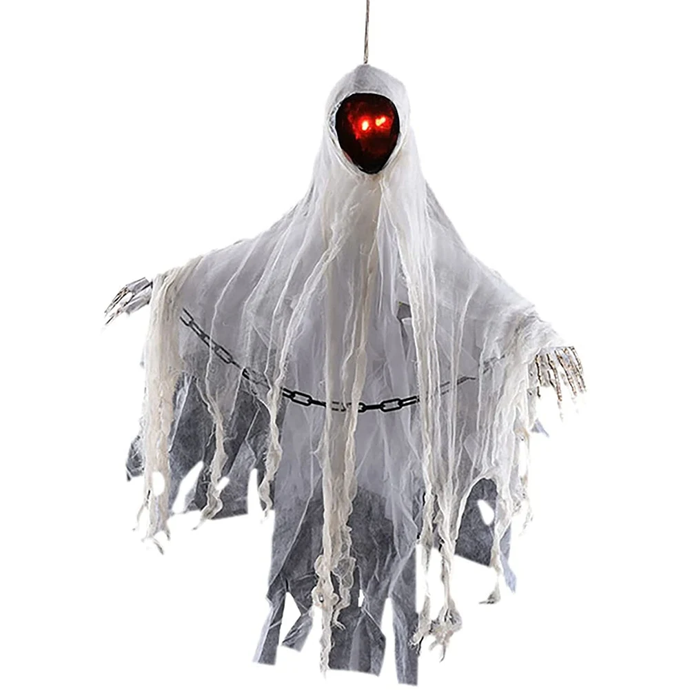 

Безликий призрак на Хэллоуин, подвесной Призрак с цепью, подсветкой глаз, звуком и датчиком, реквизит для Хэллоуина