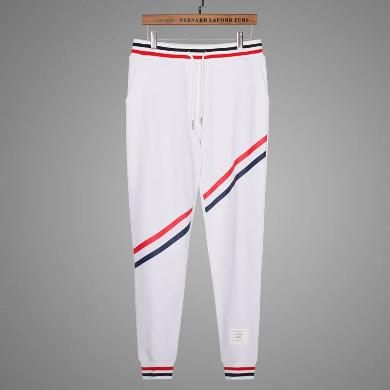 

2021 tb thom men's fashion white pants with striped korean style sweatpants men cotton long trousers youth