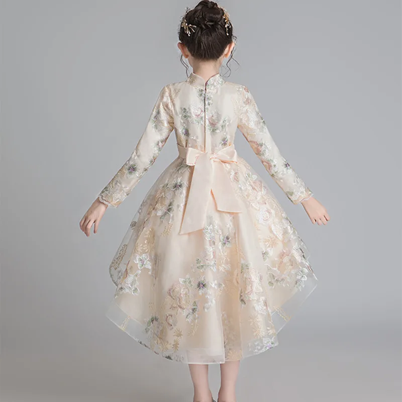 Flower Embroidered Long Sleeve Autumn Winter Bow Lace Tutu Girl Princess Dress Costumes Clothes Show Evening Party Dress WG-1210