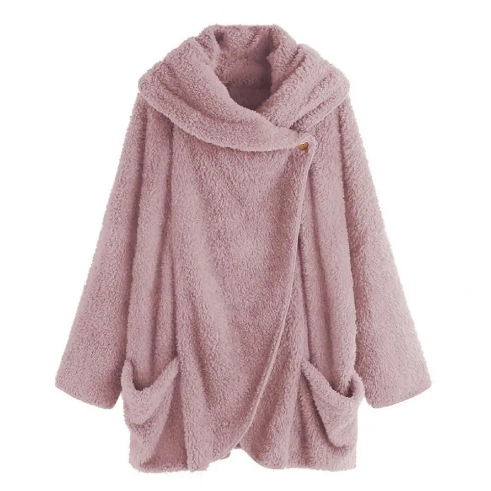 

Pockets Solid Color Plush Fleece Jacket Double-Sided Plush Large Lapel Asymmetric Buttons Batwing Sleeve Fluffy Coat Outerwear