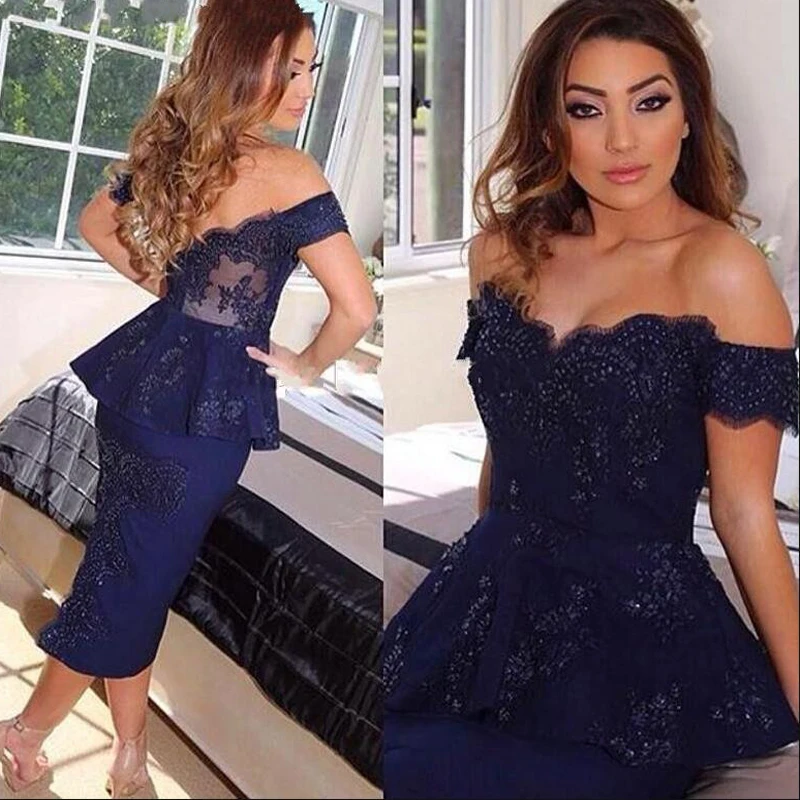 

Navy Blue Sweet Tea Length Homecoming Dresses Sheath Lace Appliqued Short Prom Dress Custom Made vestidos graduaccion 2020