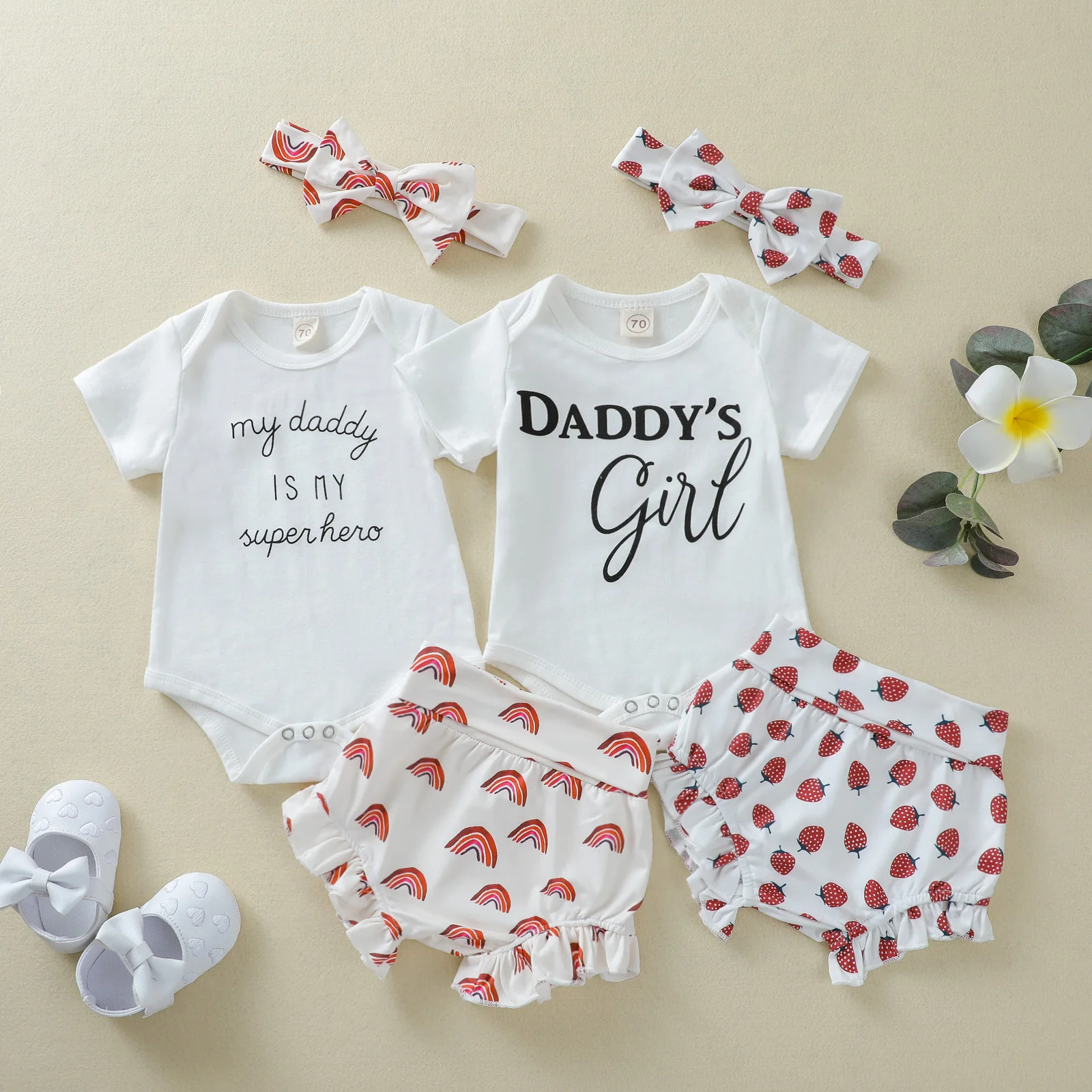 

Baby Girls Clothes Set, Letter Print Short Sleeve Romper+Strawberry/Rainbow Print Shorts+Headband