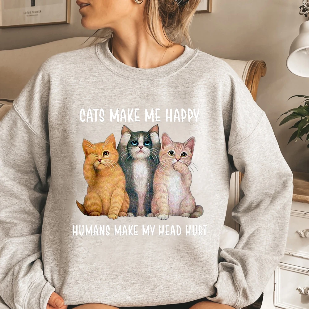 

Женские толстовки и свитшоты Happy Cat, милые винтажные женские пуловеры с длинным рукавом и мультипликационным рисунком, свободная теплая оде...