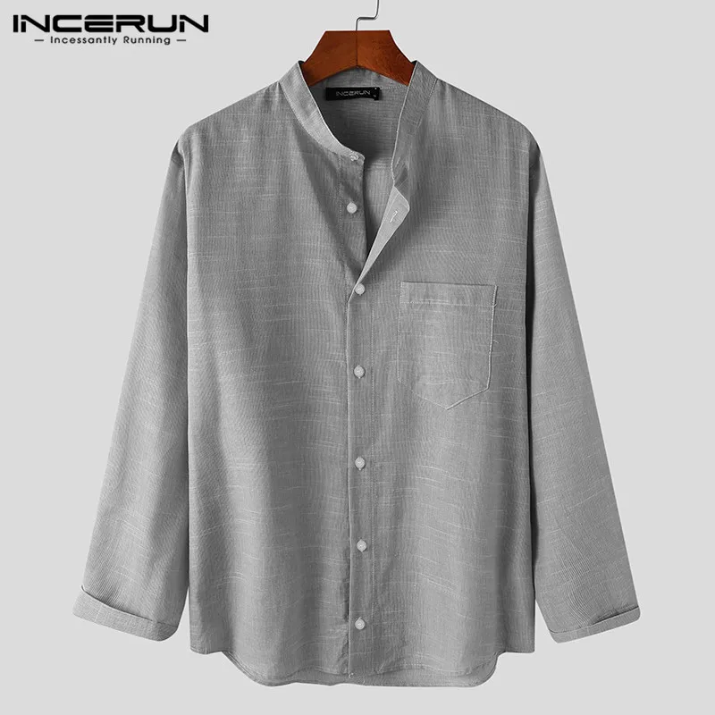 

2022 Men Casual Shirt Cotton Stand Collar Button Breathable Long Sleeve Brand Shirts Streetwear Spring Camisa Masculina INCERUN