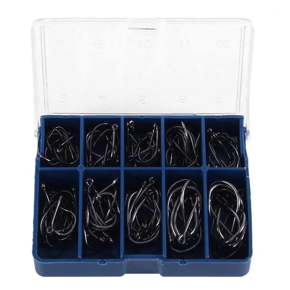 

Durable 1 Set 100 Pcs 10 Sizes 3# To 12# Black Silver Fishing Hooks With Hole Carp Fishing Tackle Carry Box