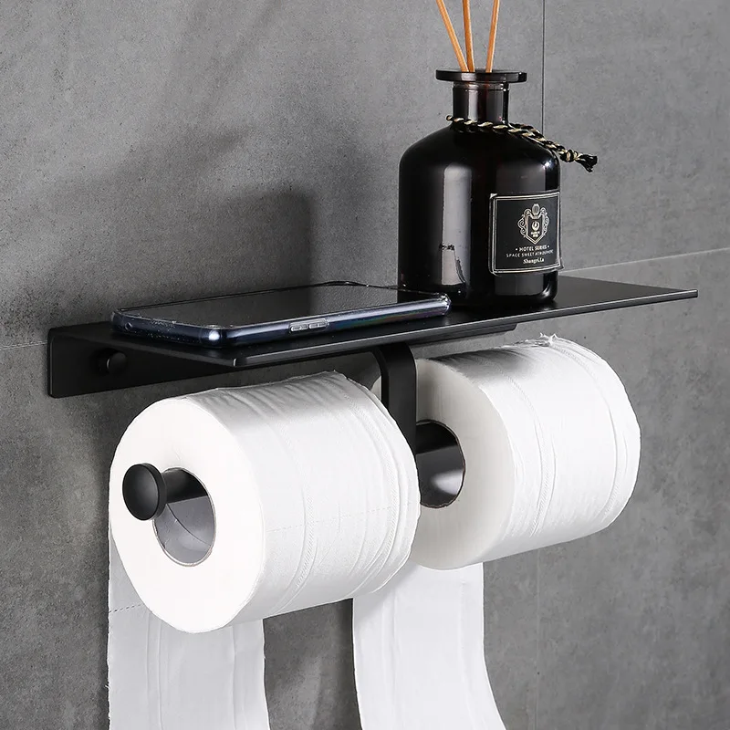 

Matte Black Double Toilet Roll Paper Holder Bathroom Accessories WC Towel Holder Rack Shelf Aluminum Material