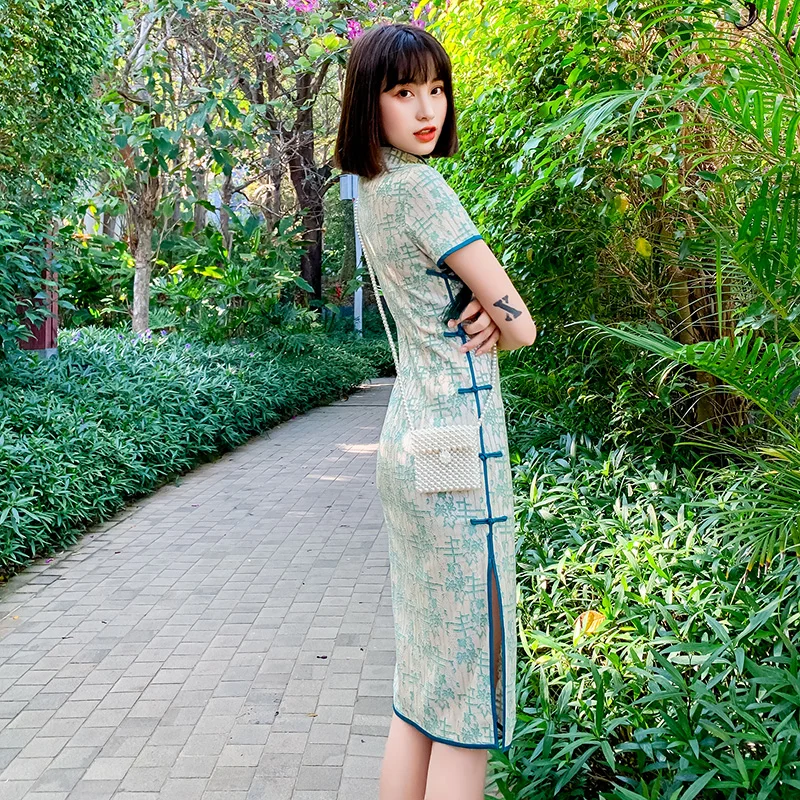 

Blue Lace Cutout S-Plus 3XL Chinese Women Lace Qipao Sexy Spilt Cheongsam Mandarin Collar Novelty Chinese Dress Elegant