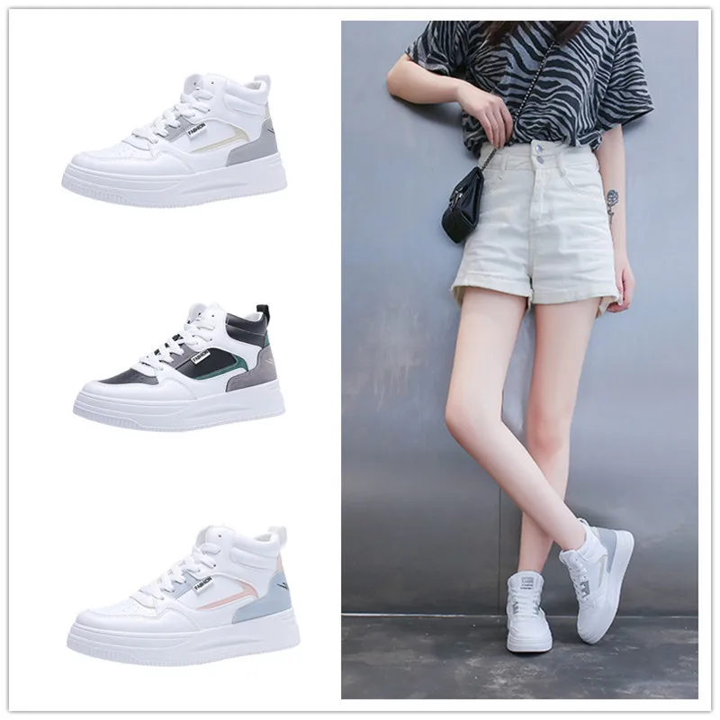 

Women White Vulcanized Sports Shoes Autumn High Top Walking Flats Sneakers Outdoor Student Board Shoes Female Tennis Trainers