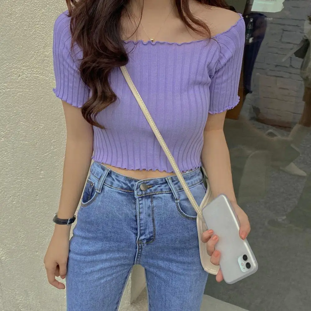 

Women's Cropped Tops One-shoulder Short-sleeved T-shirts Street Casual Short-sleeved Tops Nine-point Sweaters Bottoming W3z4