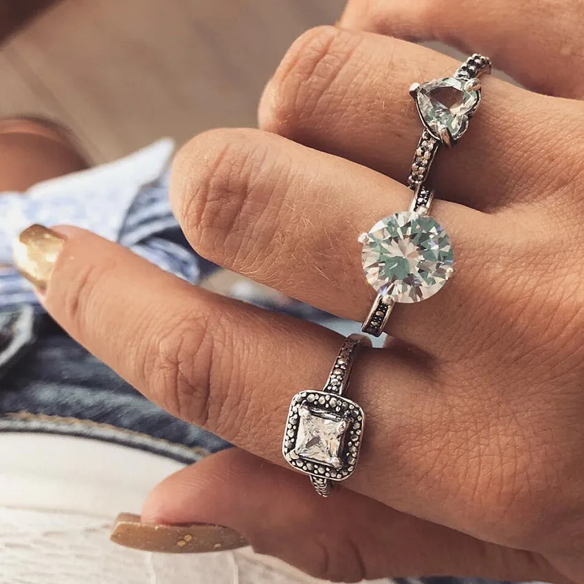 Boho Хрустальное сердечко любовь кольцо Набор для женщин цветок корона кольца