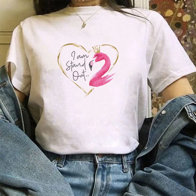 

Flamingo T-shirts Women's White Shirt Summer Short Sleeve With Sleeves Clothes for Women-clothing Vintage Tops Woman Tees 2021