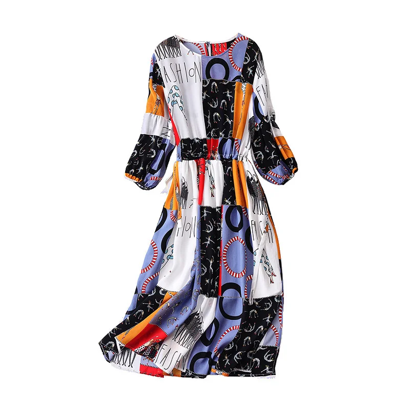 

Summer Real Silk Dress for Women Print Floral Beach Dresses Fashion Boho Midi Dress Fashion Elegant Vintage Vestido Mujer KJ2024