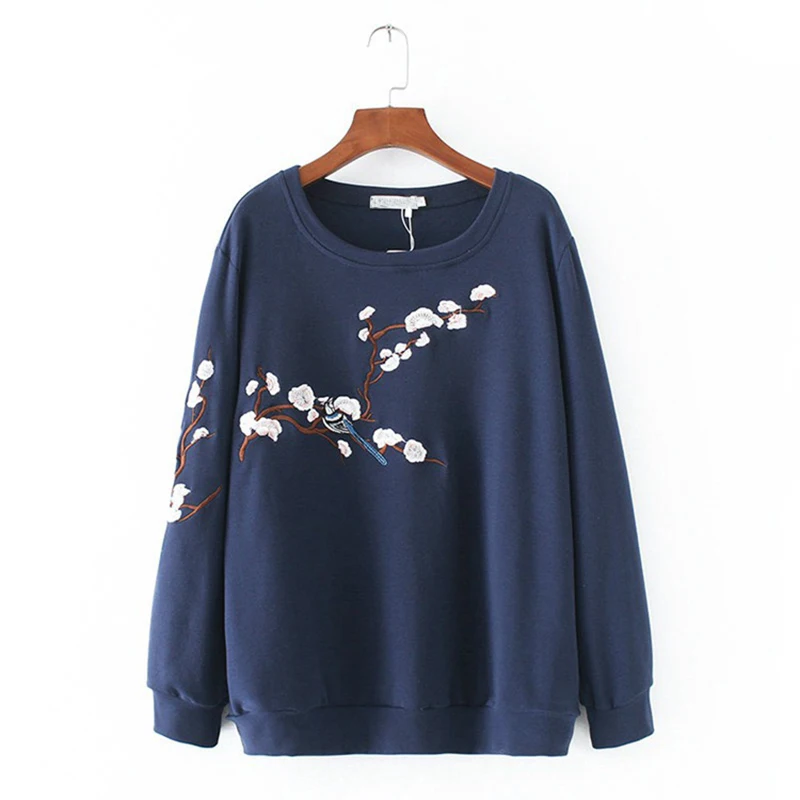

​Women Oversize Sport Sweatshirt Floral Embroid Fleece Thick Autumn Hoodie Casual Preppy Pink Grey Crew Neck Sweatshirt Hoodie