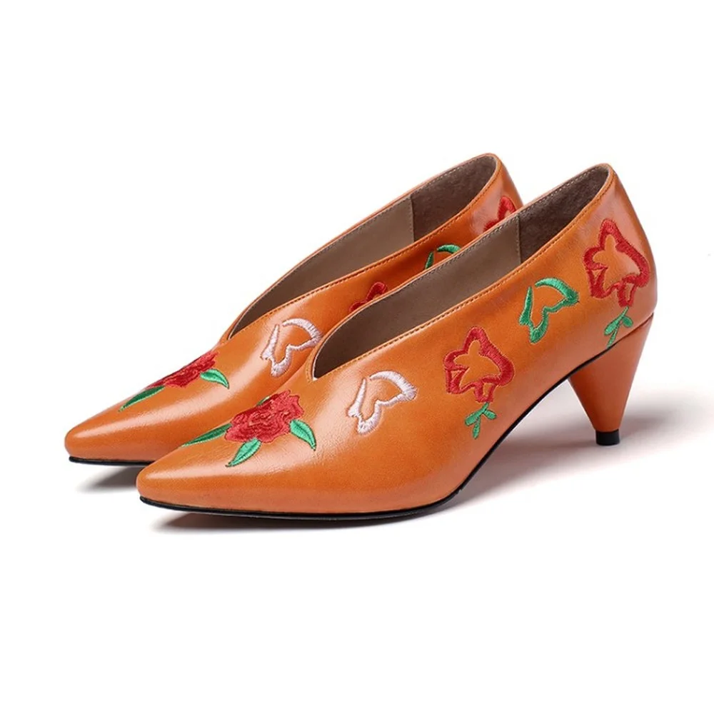 

Womens Genuine Leather Embroidery Floral Spike Heel Pumps Shoes Chinese Ethnic Style Pointy Toe Luxury Plus Size New New