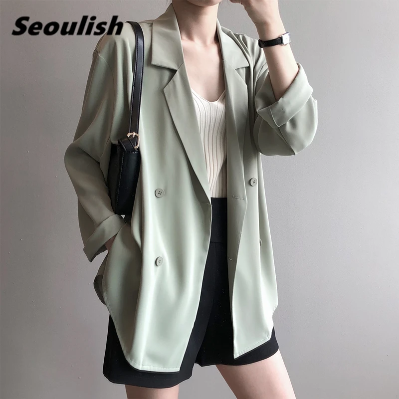 

Новинка 2021, летние тонкие повседневные двубортные Женские блейзеры Seoulish, женские деловые куртки с карманами, элегантная Свободная верхняя ...
