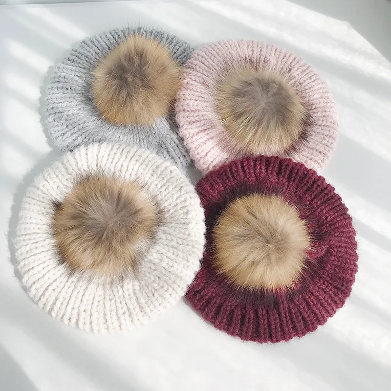 Берет с шариками из натурального меха женские шапки художника Зимние береты