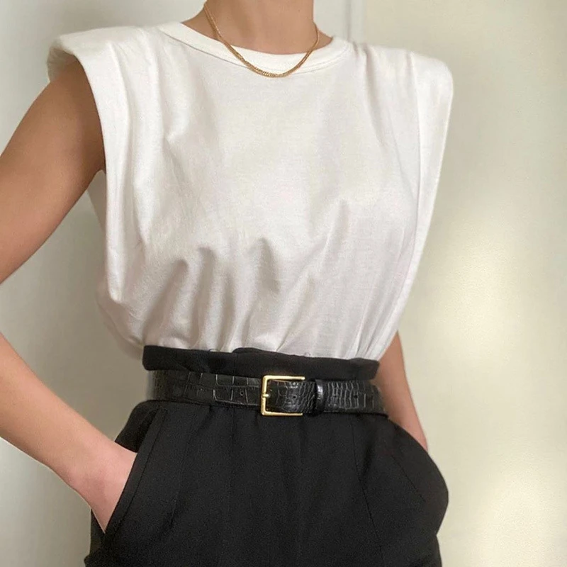 

STYLISH LADY Elegant Shoulder Pad T Shirt 2020 Summer Women Sleeveless O Neck Loose Club Party Street Tops Tees