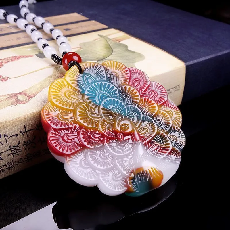 

Chinese Natural Colour Jade Peacock Pendant Necklace Hand-carved Charm Jadeite Jewelry Fashion Amulet Gifts for Women Men
